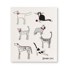 Load image into Gallery viewer, whimsical illustration of dogs and cats in black and white with red accents 
