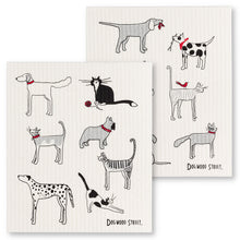 Load image into Gallery viewer, illustration of two swedish dishcloths covered in balck and white dogs and cats with red accents 
