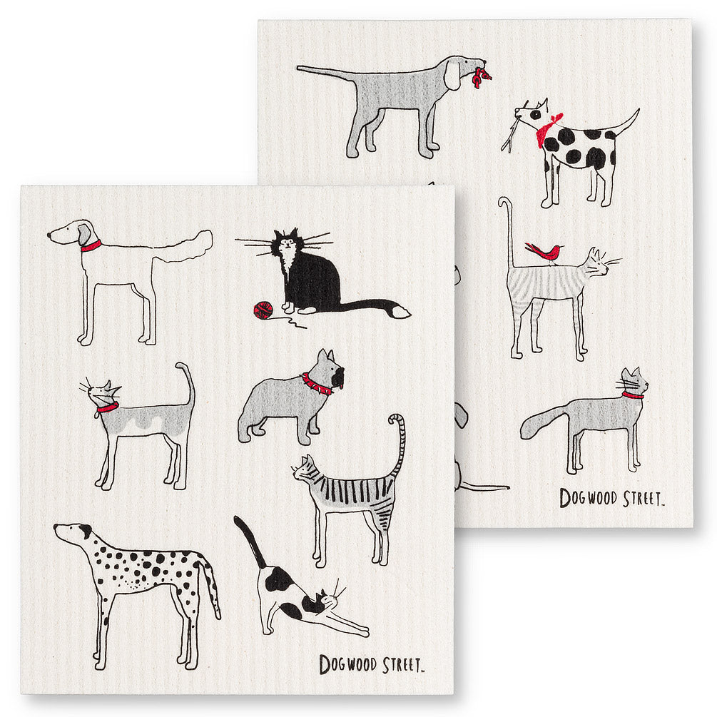 illustration of two swedish dishcloths covered in balck and white dogs and cats with red accents 