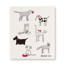 Load image into Gallery viewer, illustration of black and white dogs and cats with red accents 
