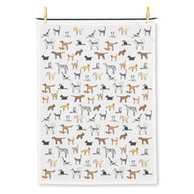 Load image into Gallery viewer, whimsical illustration of dogs and cats on white tea towel
