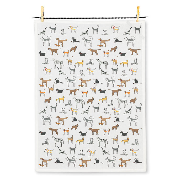 whimsical illustration of dogs and cats on white tea towel