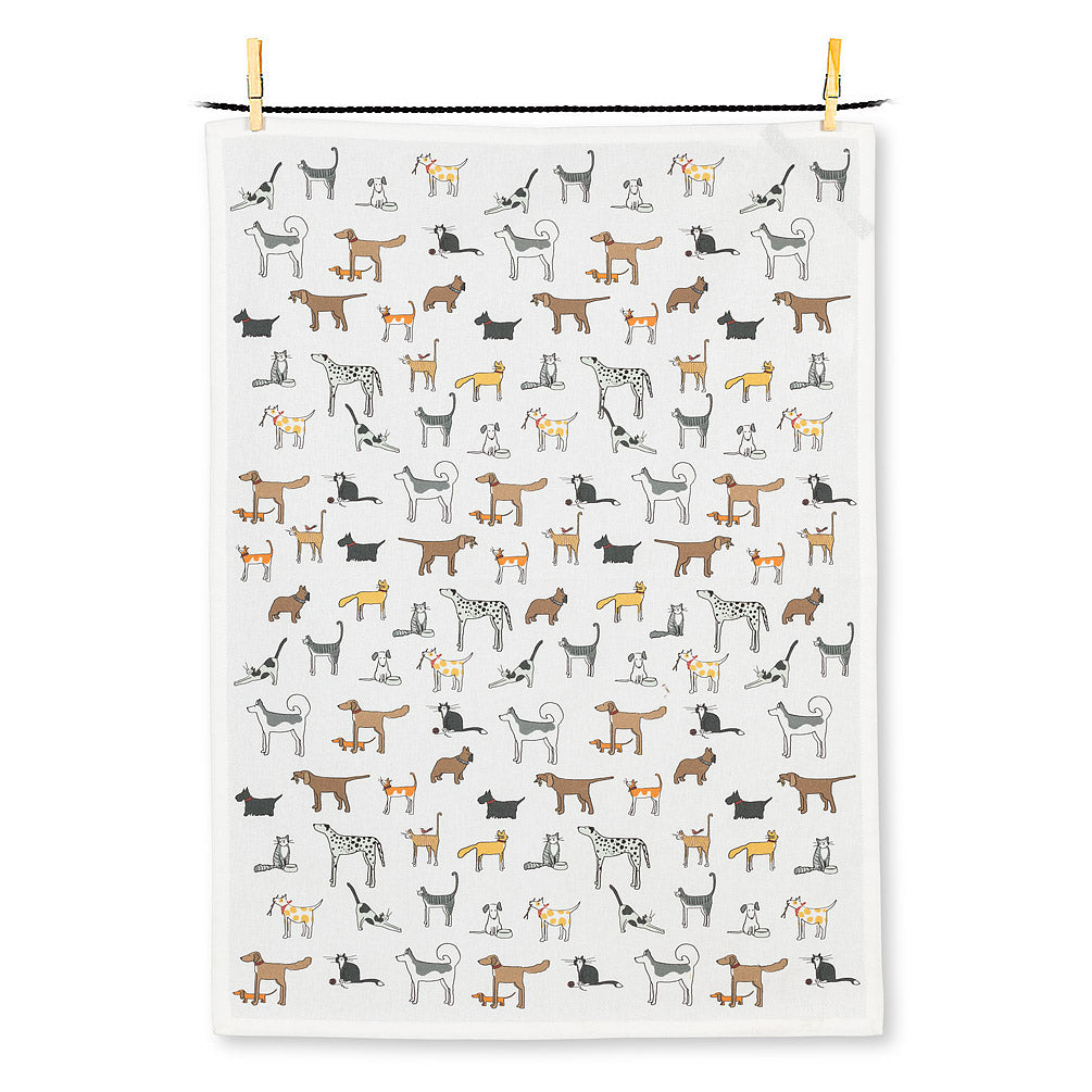 whimsical illustration of dogs and cats on white tea towel
