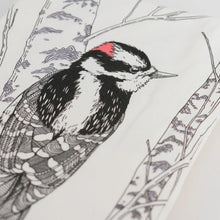 Load image into Gallery viewer, downy woodpecker tea towel
