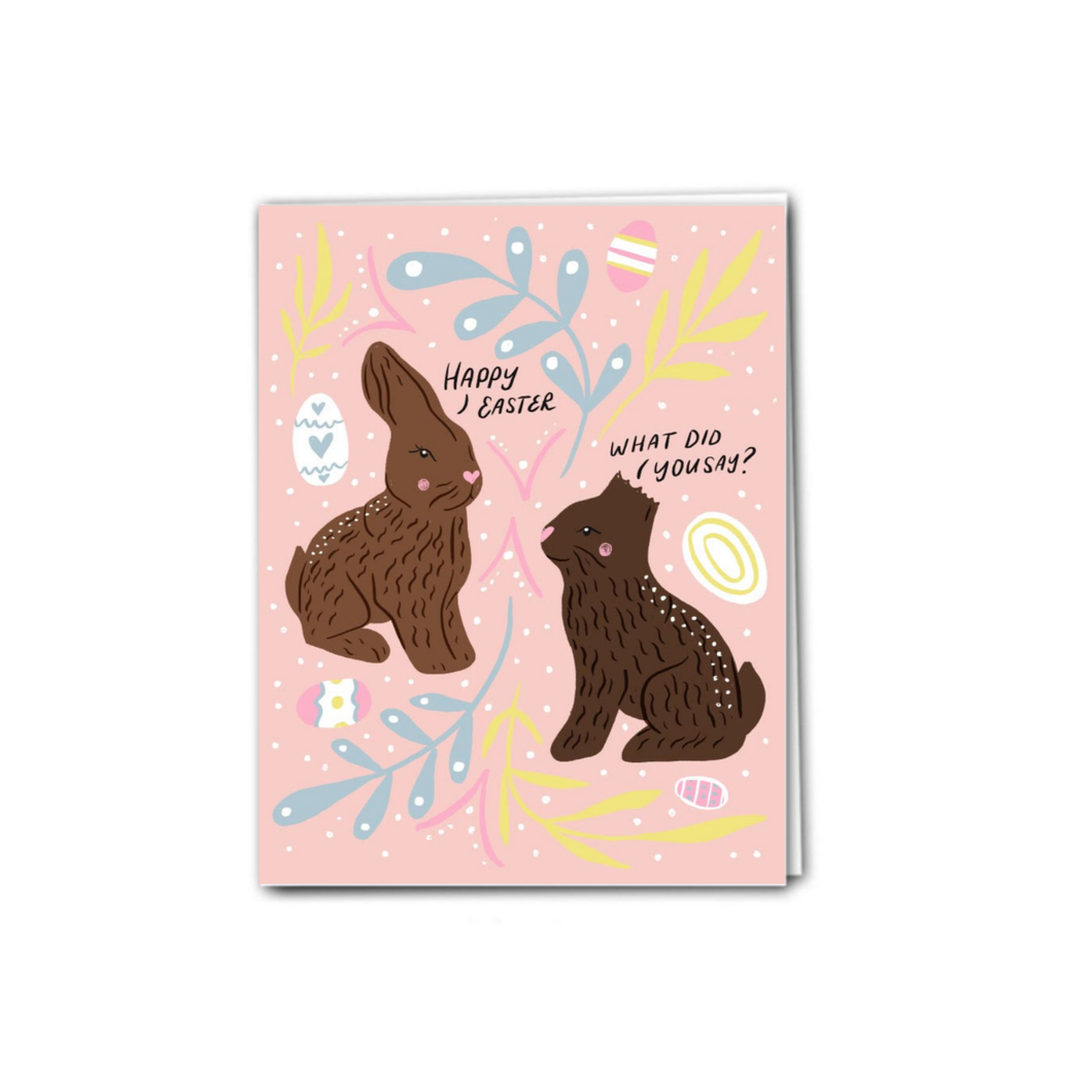 illustration of 2 chocolate rabbits, one with ears bitten off 