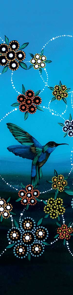 colourful Indigenous illustration of a hummingbird amidst beaded flowers mostly in blue tones