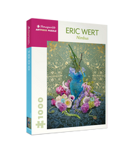 Load image into Gallery viewer, a jigsaw puzzle box with intricate flowers on a embroidery background by eric wert artist
