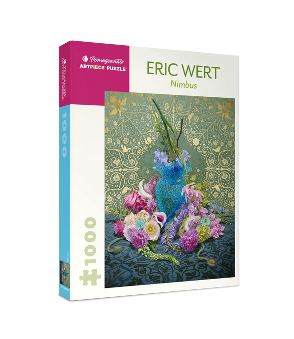 a jigsaw puzzle box with intricate flowers on a embroidery background by eric wert artist