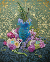 Load image into Gallery viewer, a close up of completed jigsaw puzzle of flowers and embroidery by eric wert 
