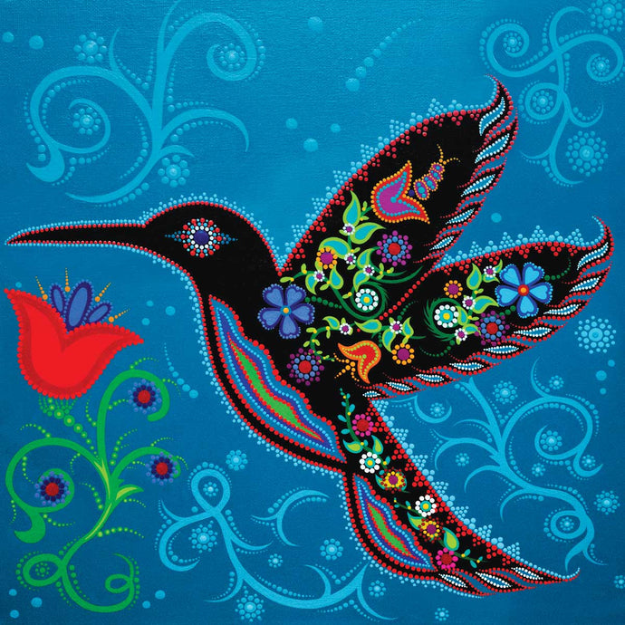 Indigenous Illustration of a hummingbird on bright blue back drop with a red flower 