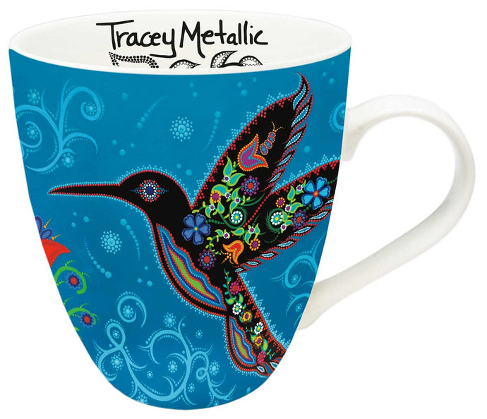 a china mug with a hummingbird depicted on it 