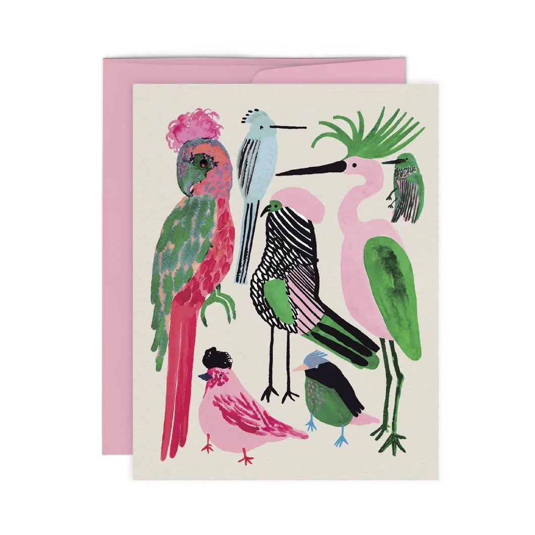 colourful illustration of exotic birds like parrots flamingos in green pink and teal on white backdrop very modern and whimsical