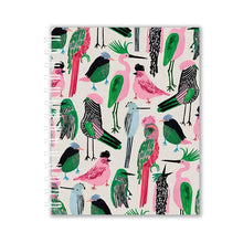 Load image into Gallery viewer, illustration of exotic birds in pink green and blue on a spiral bound book journal
