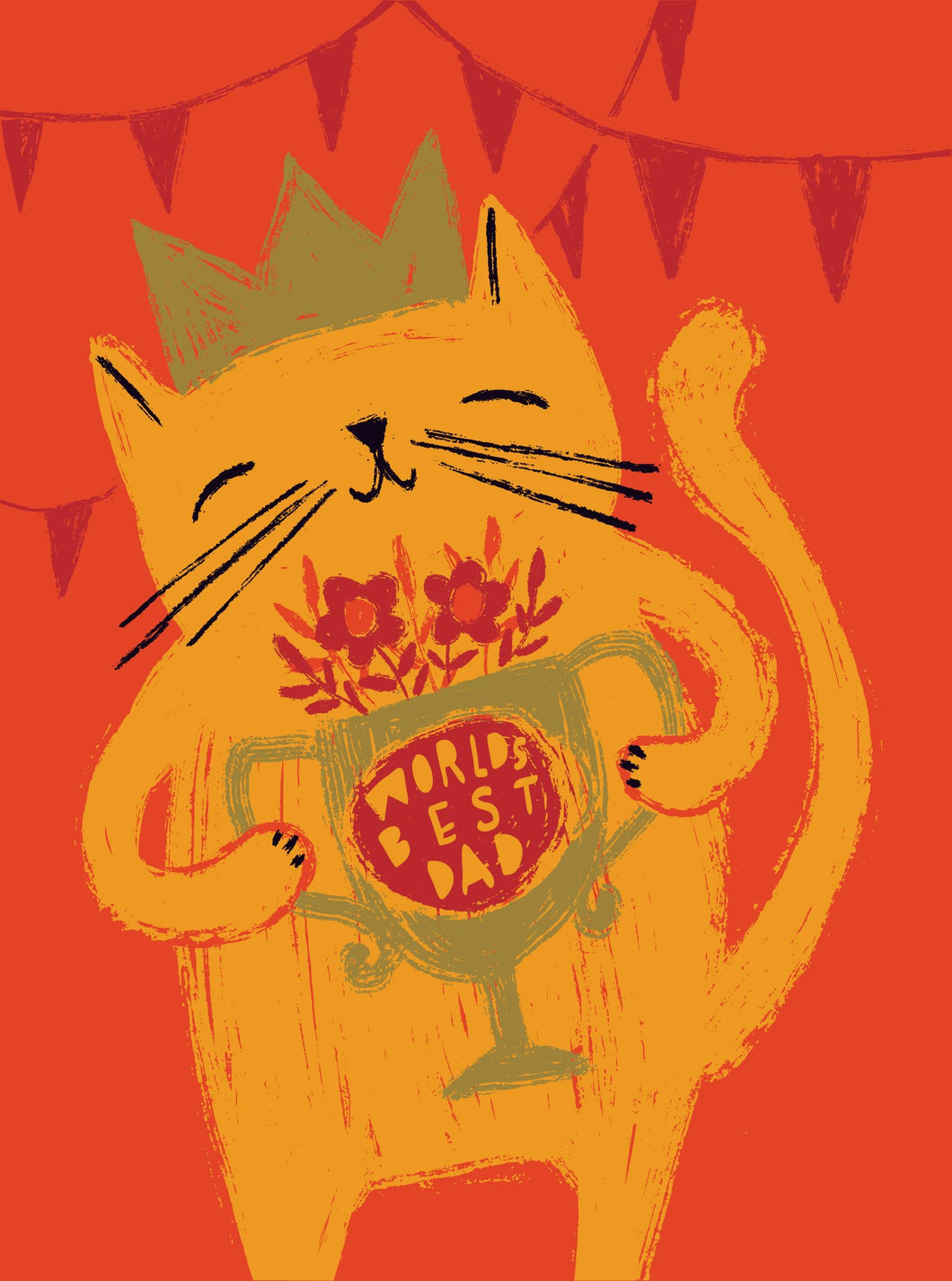 illustration of a gold colour cat wearing a crown holding a trophy on a orange red colour backdrop with celebration bunting 