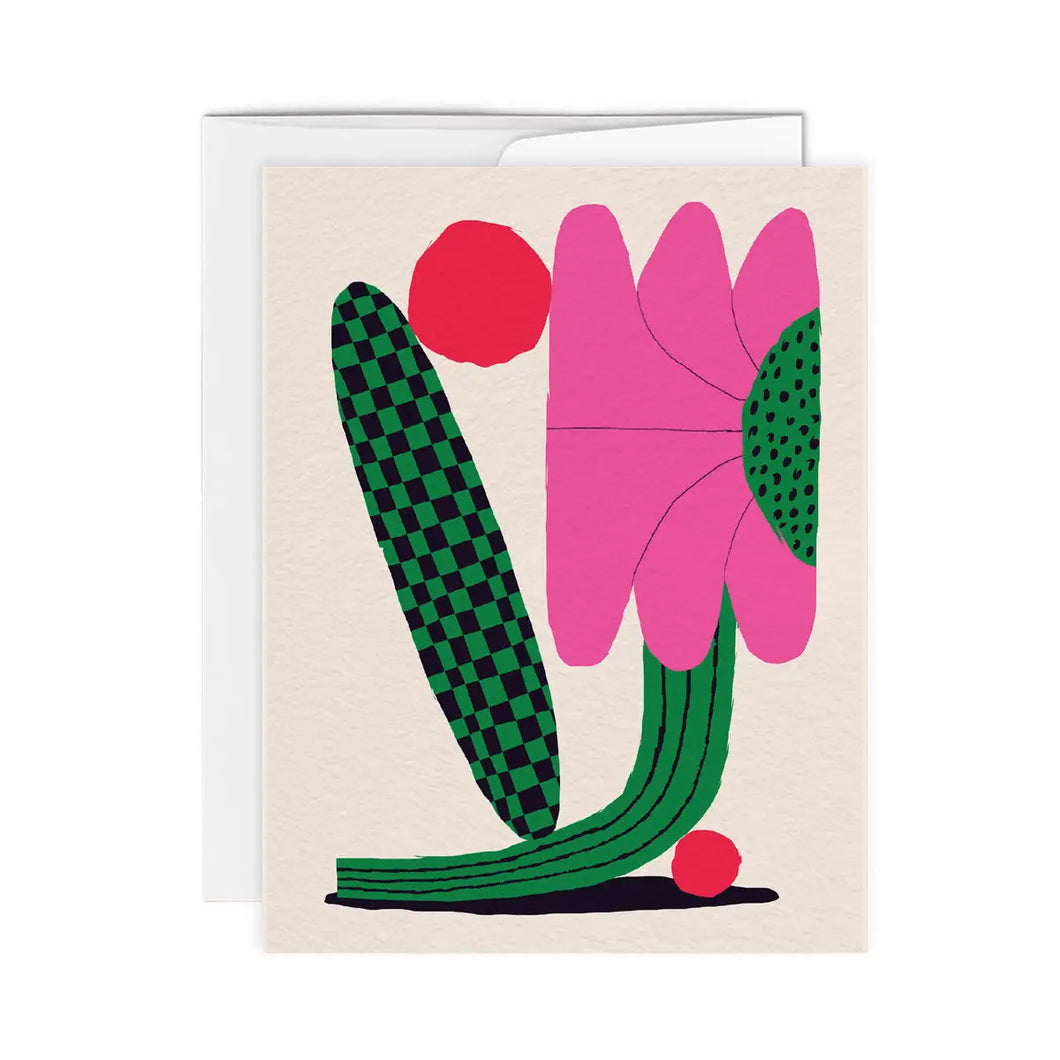 very modern illustration of brink pink flower with greenery on white backdrop