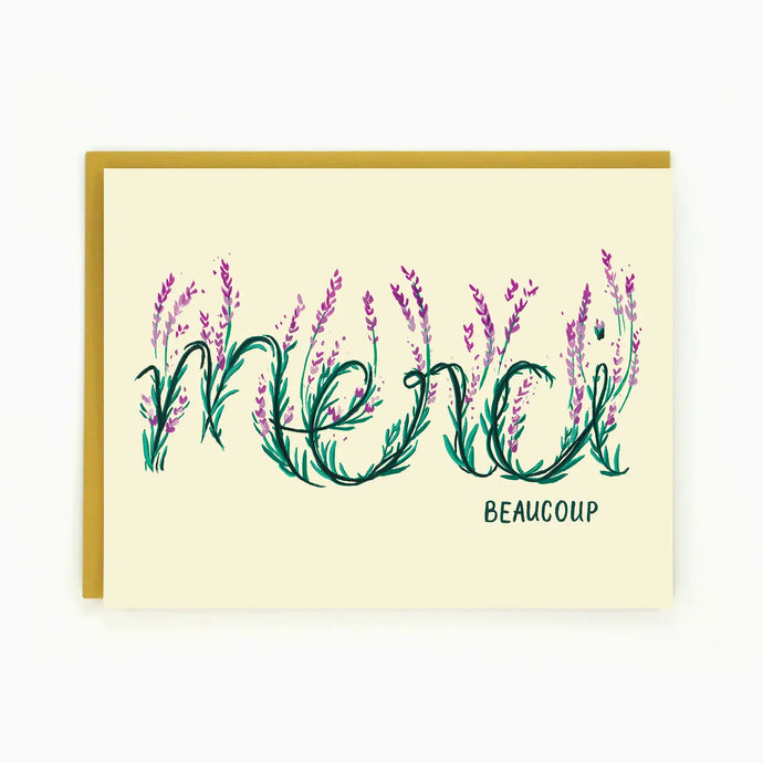 an illustration of a greeting card with text merci written with leaves and lavender 