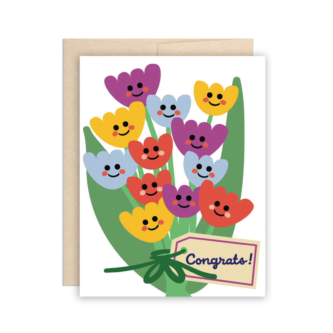 a colourful illustration of a bouquet of tulips in different colours tied with a green knot and card that say congrats, all the flowers have smiling happy faces. white back ground, with a kraft envelope 