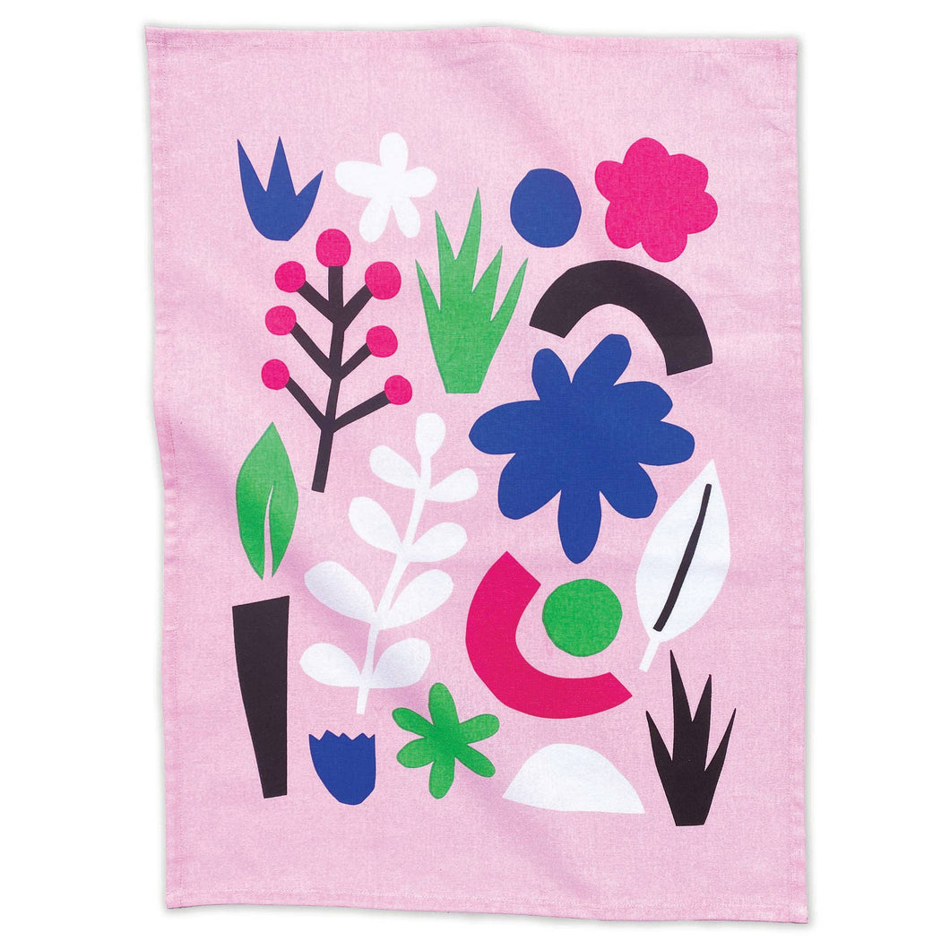 a pink tea towel with different geometric shapes motif 