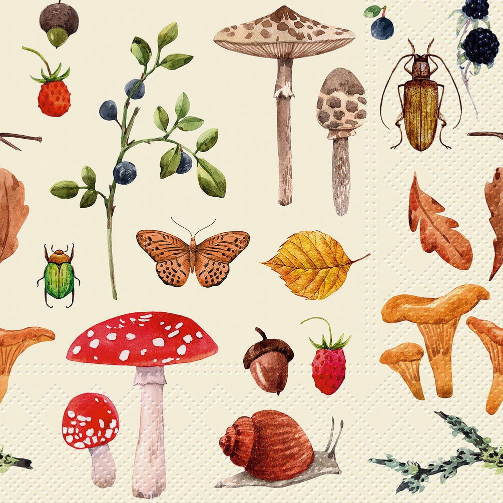 a beige paper napkin with colour pictures of mushrooms butterflies acorns bugs and leaves 