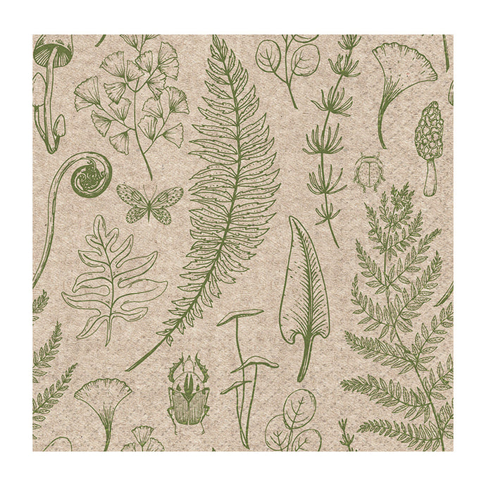 a beige colured napkin with green ferns and butterflies and mushrooms 