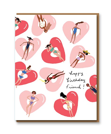 coloufrful illustration of women wearing bathing suits floating on heart shaped blow up pool toys. text happy birthday friend