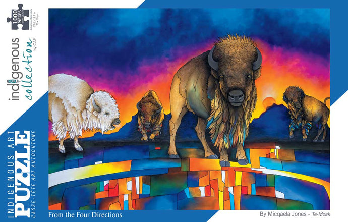 a jigsaw puzzle depicting 4 buffalo by an Indigenous artist Micqaela Jones 