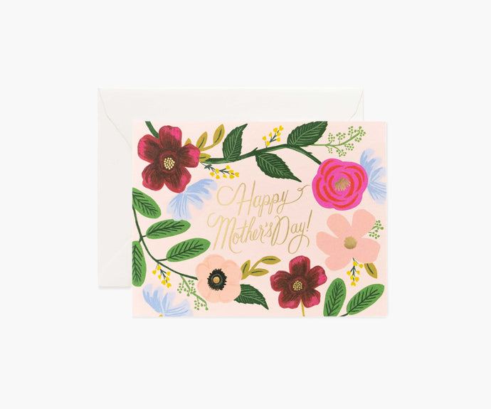 illustration of wild flowers pink and green on soft pink background