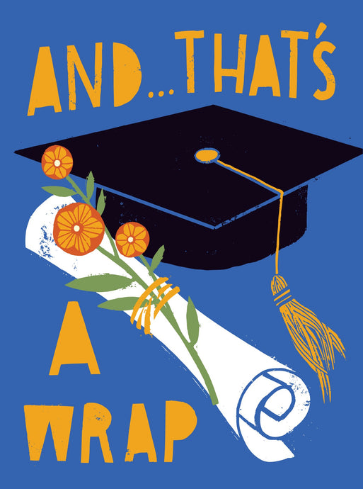 illustration of a mortar board grad cap with a diploma and flowers on blue backdrop