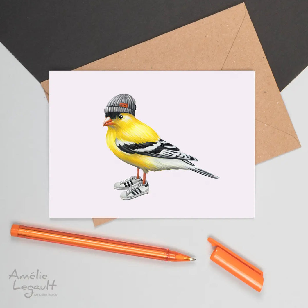 a greeting card with a yellow bird wearing sneakers and a cap hat 