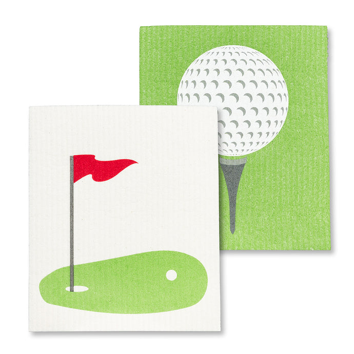 phot of tow swedish dish cloths one with a golf green and pin the other a close up of a golf ball on a tee