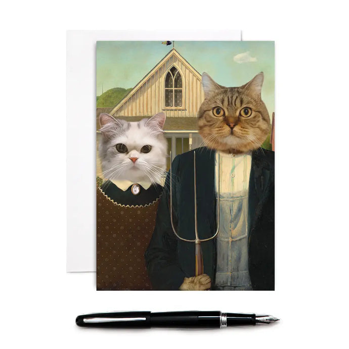 a phot of 2 cats wearing vintage clothing one holdig a pitchfork in an american gothic style 
