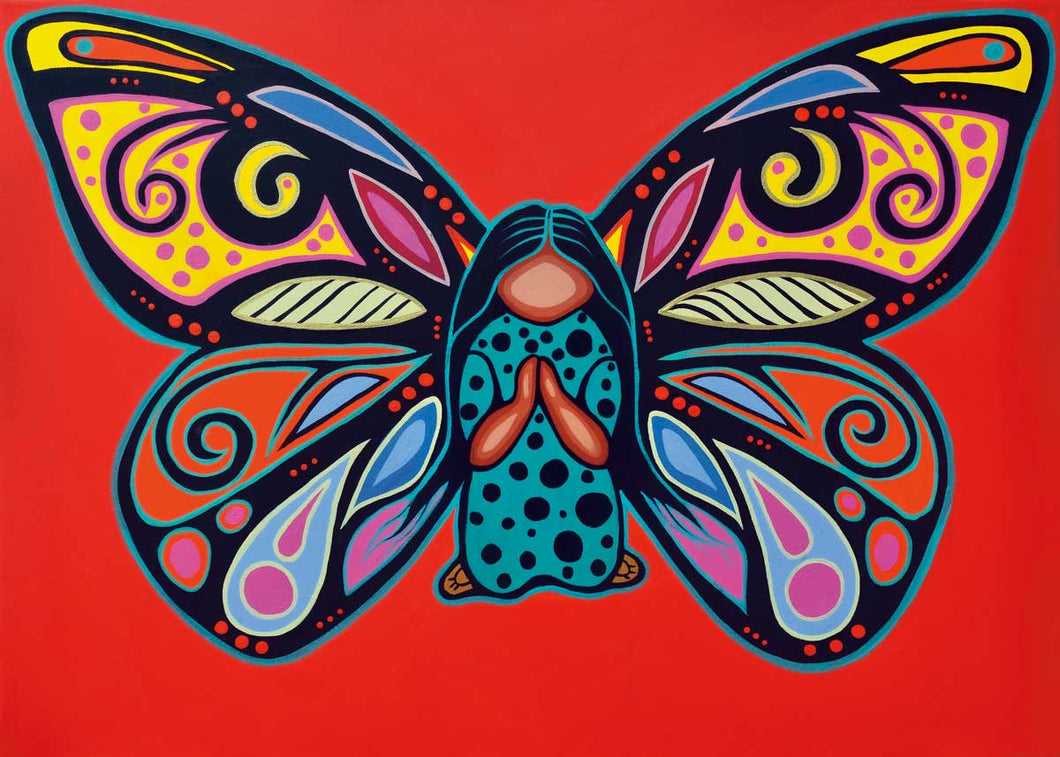 a greeting card with Indigenous drawing of a praying person with colourful butterfly wings on a red backdrop