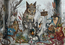 Load image into Gallery viewer, a jigsaw puzzle by greg craola simpkins featureing a mythical forest of creatures, and birds 
