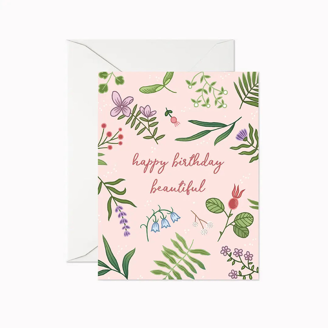 colour illustration of a greeting card with herbs and flowers text says happy birthday beautiful