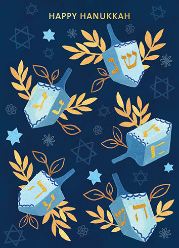colour illustration of several dreidels with golden images on a blue backdrop