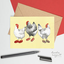 Load image into Gallery viewer, a greeting card with 3 hens all wearing home knit slippers 
