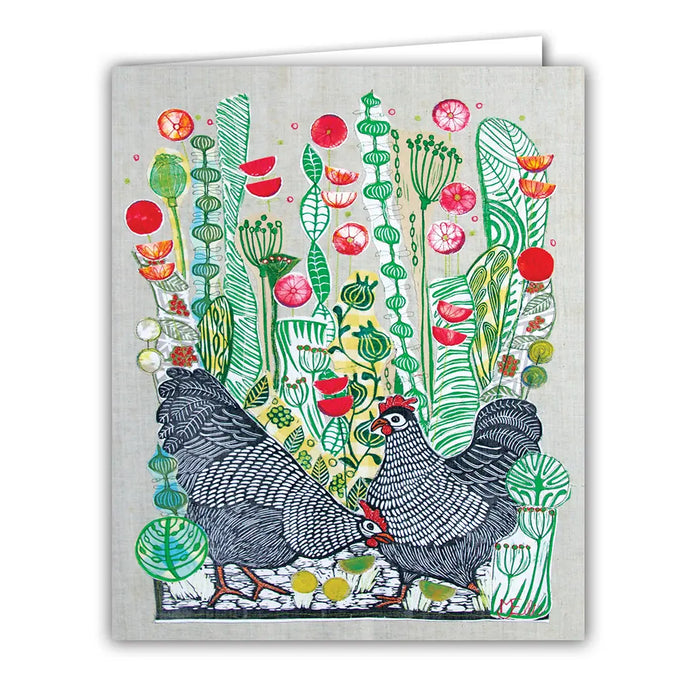 a greeting card with 2 hens in a cluster of poppy flowers illustration. no text