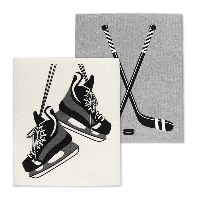 a kitchen dishcloth set . one with hocley skates and one with hockey sticks . no text