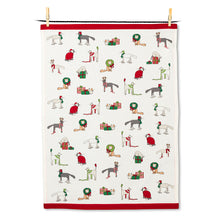 Load image into Gallery viewer, a white tea towel with illustrations of red and green holiday cats
