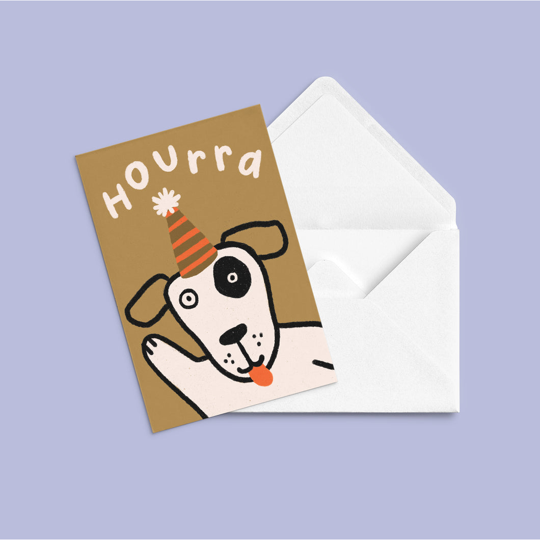 a greeting card with a cute dog waving wearing a party hat text says hourra