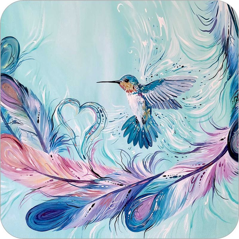 a drink coaster with Indigenous art of a hummingbird and feathers in blues and pinks 
