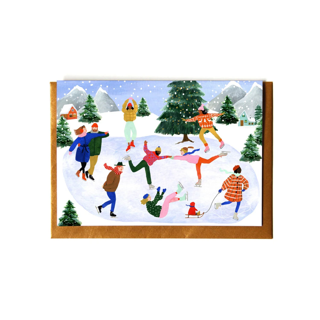 colour illustration of several ice skaters having fun on a pond.