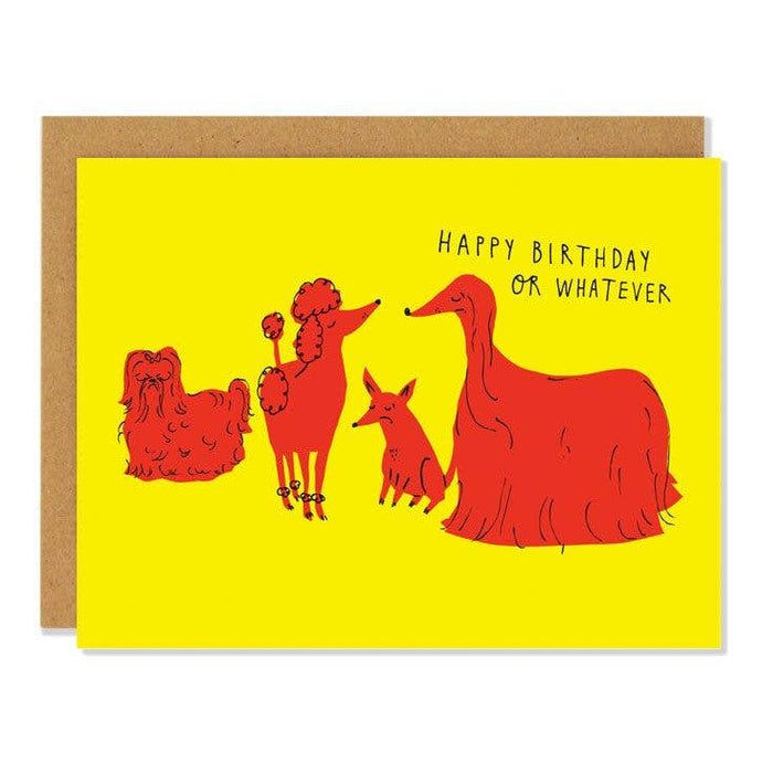 a bright yellow card with illustration of assorted dogs in red colour looking snobish. it says happy birthday or whatever in black print with a kraft brown envelope