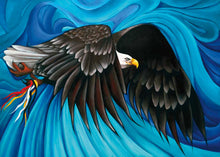 Load image into Gallery viewer, a Indigenous art picture of a flying bald eagle  on a bright blue backdrop 
