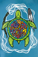 Load image into Gallery viewer, a greeting card with Indigenous art of Jackie Traverse of a turtle holding sweetgrass and a feather 
