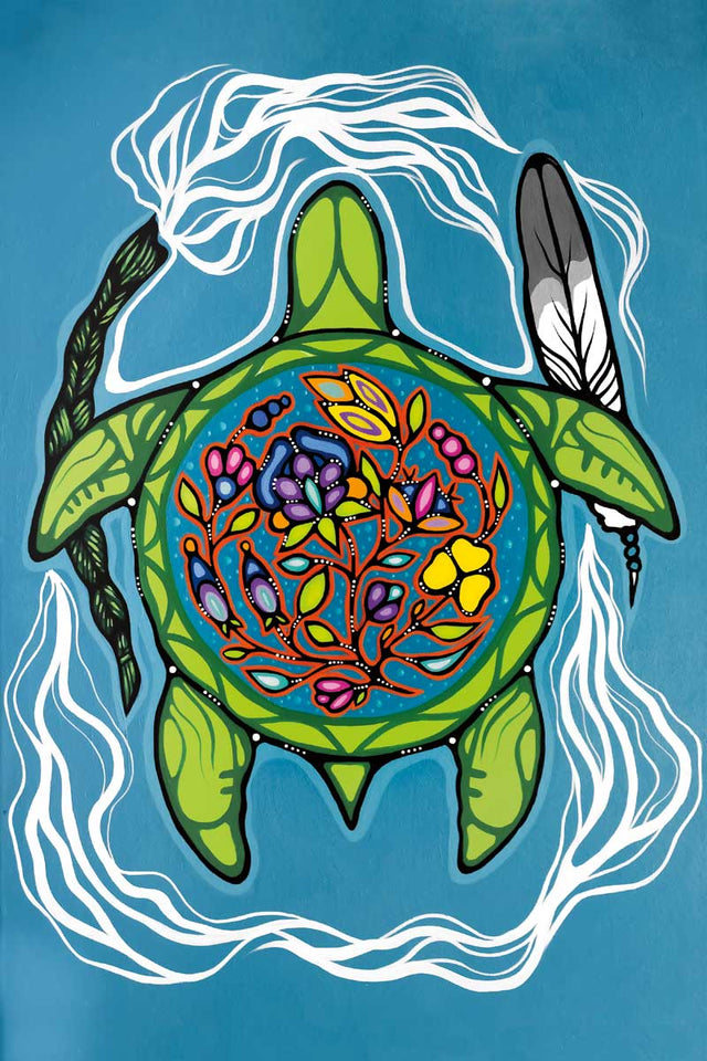 a greeting card with Indigenous art of Jackie Traverse of a turtle holding sweetgrass and a feather 