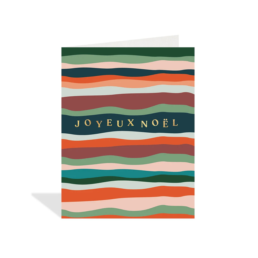 a greeting card with swirling horizontal stripes or waves in green and red colours with text joyeux noel 