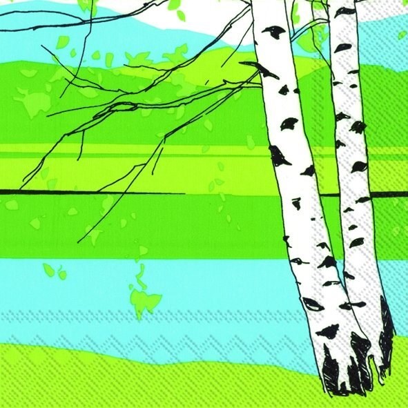 birch tree on green and turquoise back drop on paper napkins 