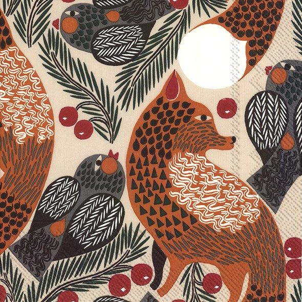 colour illustration of birds twigs and a fox modern  on paper napkins 