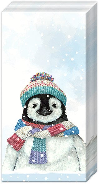 a paper pocket tissue with a cute penguin wearing a scarf and winter hat